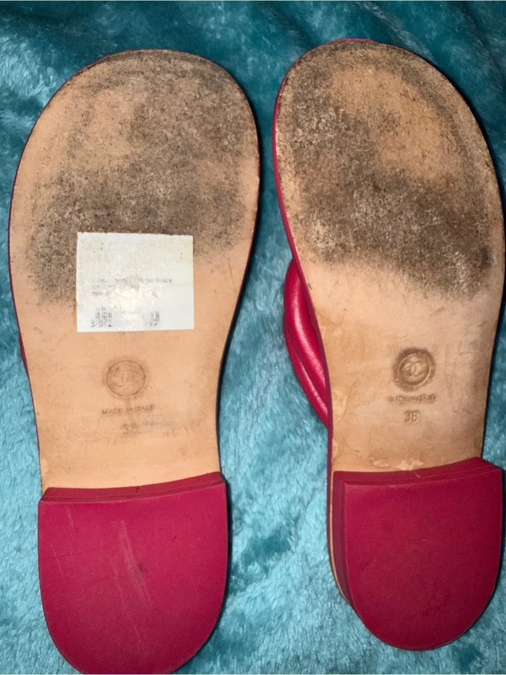 CHANEL red leather & pink terry cloth FLAT THONG Sandals Shoes 38